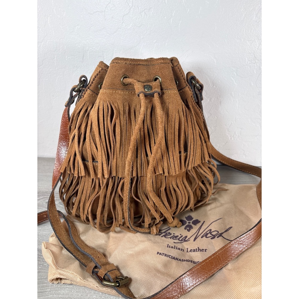 Patricia Nash Bronte Tan Suede Leather Fringe Bucket Bag Boho Western Brown